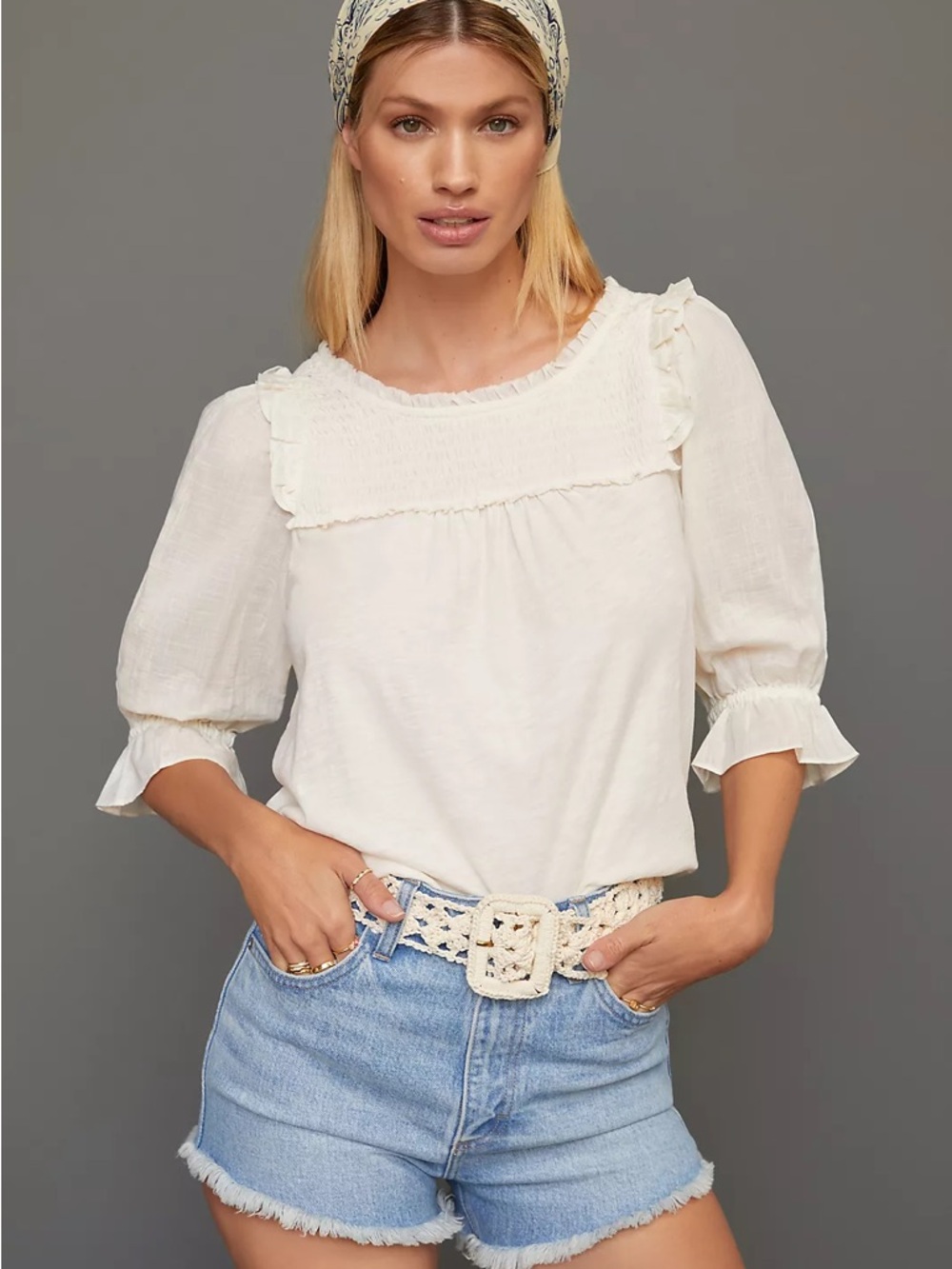 By Anthropologie Smocked Puff-Sleeve Knit Top